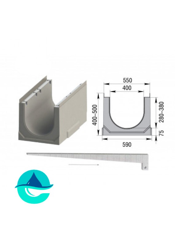 Лоток бетонный водоотводный ЛВК ВМ Sir 400 с уклоном № 1...20