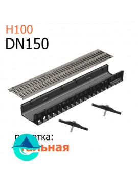 Лоток пластиковый DN150 H100 с решеткой штампованной оцинкованной и крепежом (комплект)