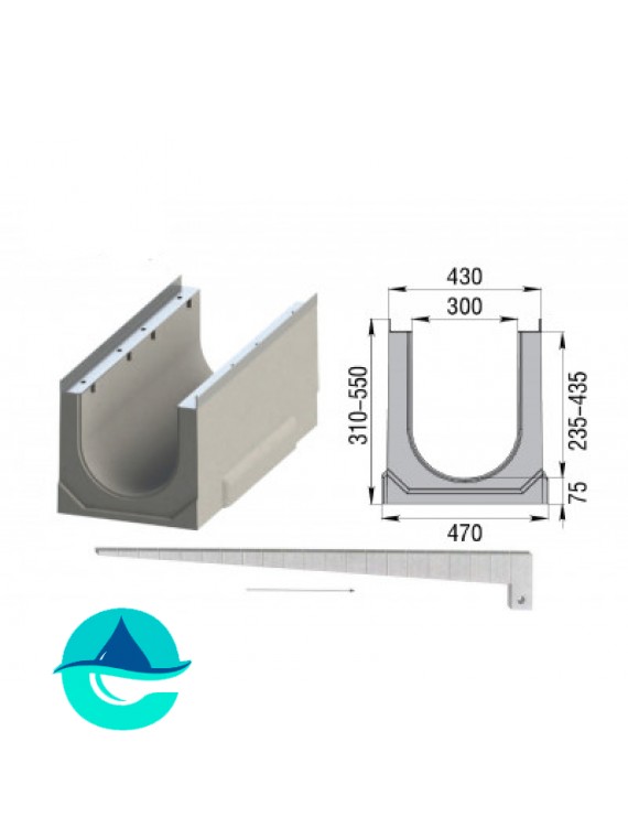Лоток бетонный водоотводный ЛВК ВМ Sir 300 с уклоном № 01...20